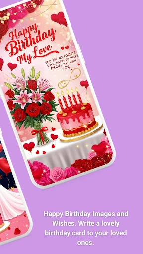 Happy Birthday My Love card template with romantic roses, hearts, and cake designs for birthday wishes