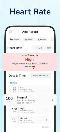 Heart Rate tracking screen with 160 BPM reading, activity filters for resting/sitting/running, high heart rate status alert, and history of heart rate measurements