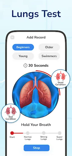 Lungs Test breathing exercise with user category selection, 30-second timer countdown, lung visualization, and breath hold slider from start to super lungs