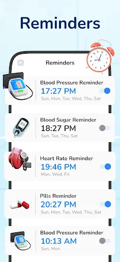 Health Reminders notification list with scheduled reminders for blood pressure, blood sugar, heart rate, and pill medication at specific times and days