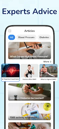 Experts Advice section displaying health education articles on blood pressure, diabetes, and wellness with featured images and expert recommendations