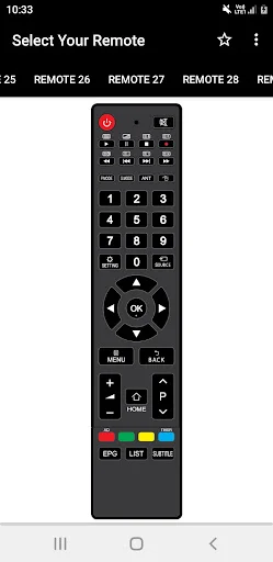 BPL TV remote interface displaying power button, numeric keypad 0-9, directional navigation controls, and colored function buttons