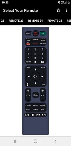 BPL TV remote with dual colored top buttons, numeric pad, arrow navigation, OK button, and audio volume controls below