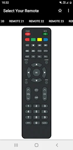 BPL remote with colored top buttons, multiple function rows, numeric keypad, directional navigation, and media button controls