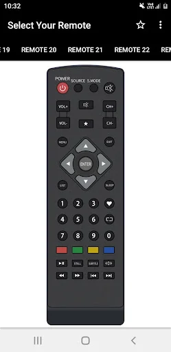 BPL remote control displaying power, source, stereo options, volume and channel buttons, directional pad, and colored function buttons