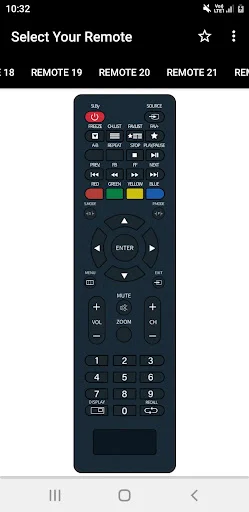 BPL TV remote with navigation controls, function buttons, compact button arrangement, numeric keypad, and color options