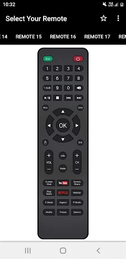 BPL remote interface with colored top buttons, numeric keypad 1-9, directional controls, OK button, and function buttons