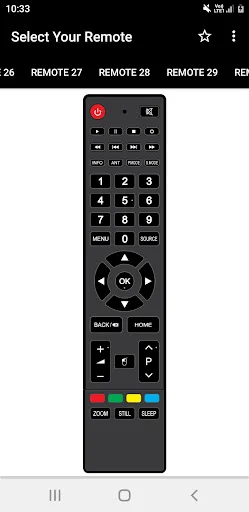 BPL remote with numeric keypad, directional navigation arrows, center OK button, and bottom colored function button controls