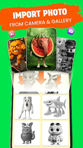 Photo import feature displaying camera and gallery options with sample images of meme characters