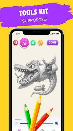 Drawing tools kit displaying colored pencils, opacity controls, and sketch options for AR art creation