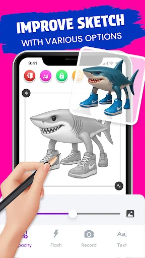 Sketch editing interface with color tools, brush options, and 3D character references available
