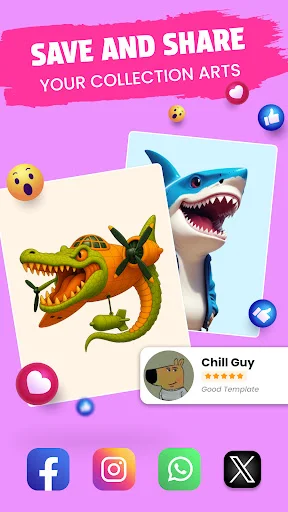 Save and share meme artwork to social media including Facebook, Instagram, WhatsApp, and X