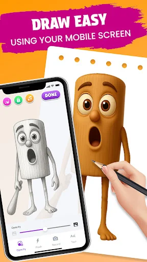 AR sketch app interface showing mobile drawing screen with stick figure character and 3D meme character illustration