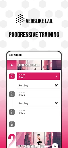 Butt workout progressive training schedule showing daily glute exercises with recovery rest days included