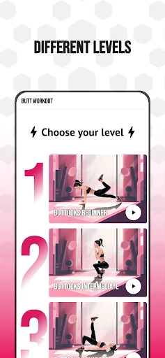 Butt workout difficulty levels selection screen with beginner, intermediate, and advanced exercise options