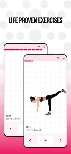 Home glute workout video demonstrations displaying timed butt exercises with playback and navigation controls