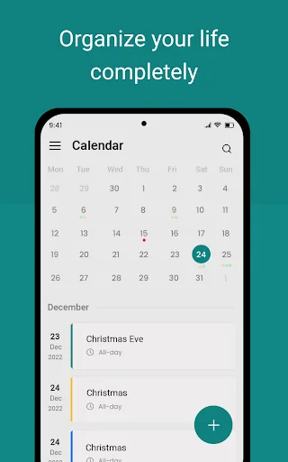 Calendar month view with highlighted date showing upcoming events list including Christmas Eve and holiday events below
