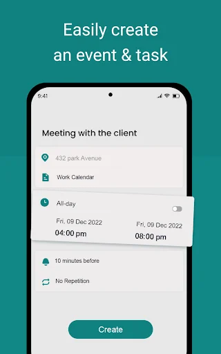 Create event form with options for meeting location, calendar selection, time, reminder notifications, and repetition settings