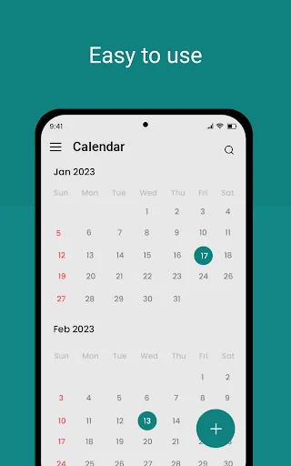 Simplified calendar planner showing January and February 2023 with highlighted dates and intuitive interface design