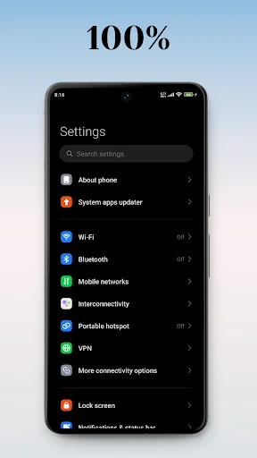 Settings screen at 100% text size with standard connectivity options for Android device accessibility