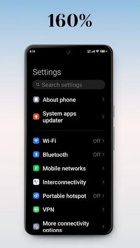 Settings interface at 160% text magnification showing enlarged system options for improved readability