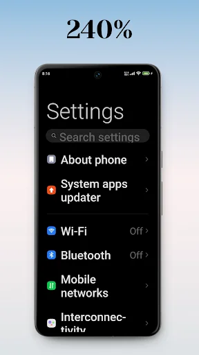 Settings at 240% text enlargement displaying significantly larger fonts for enhanced accessibility