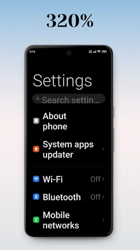 Settings at 320% magnification showing maximum text scaling for maximum accessibility support