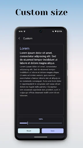 Custom text size interface with preview text, slider control, and save button to adjust font percentage