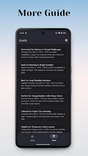 Reading guide with accessibility tips for seniors, bright sunlight conditions, and vision challenges