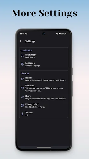App settings menu with night mode, language, feedback, share, and privacy policy configuration options