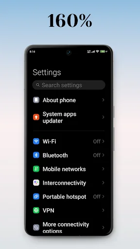 Settings interface at 160% text magnification showing enlarged system options for improved readability