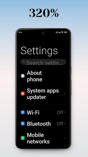Settings at 320% magnification showing maximum text scaling for maximum accessibility support