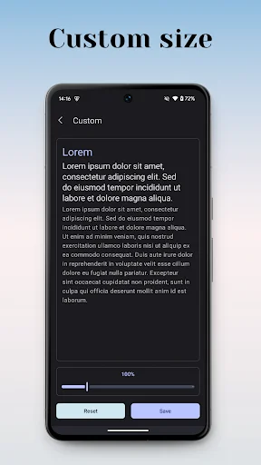 Custom text size interface with preview text, slider control, and save button to adjust font percentage