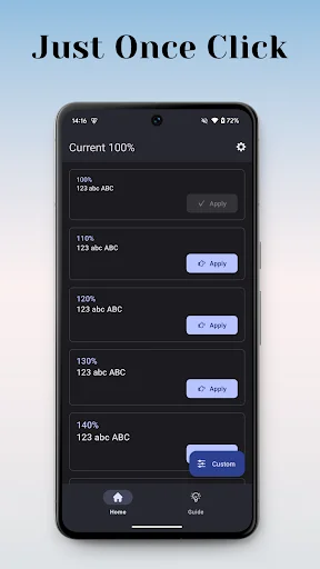 Preset text size options 100%-140% with apply buttons for quick one-click font scaling adjustment