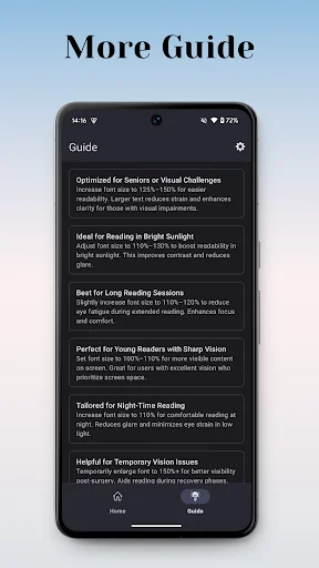 Reading guide with accessibility tips for seniors, bright sunlight conditions, and vision challenges