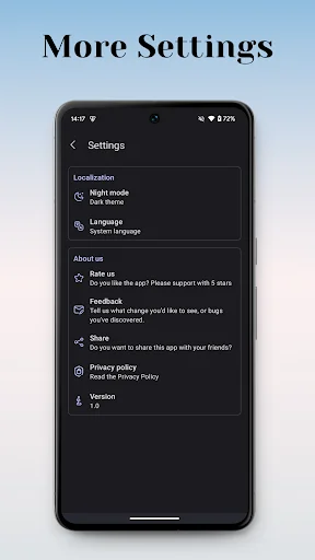 App settings menu with night mode, language, feedback, share, and privacy policy configuration options