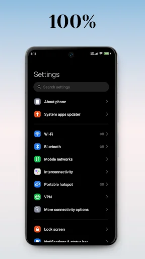 Settings screen at 100% text size with standard connectivity options for Android device accessibility