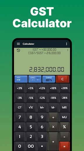 GST Calculator with percentage rate buttons (+3% to +28%) and display for Indian goods and services tax calculations