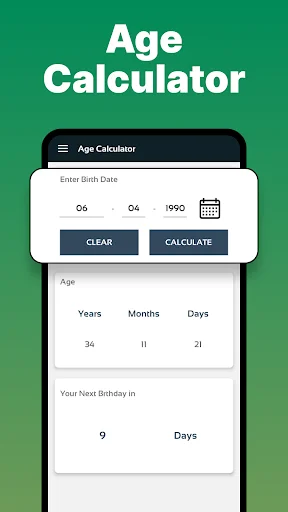 Age Calculator input screen with date fields for birth date entry and results showing years, months, days age calculated
