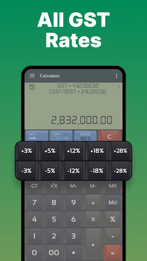GST tax calculator displaying percentage buttons from +3% to +28% with calculation results