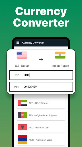 Currency Converter tool converting 300 USD to INR 24529.59 with country and currency options