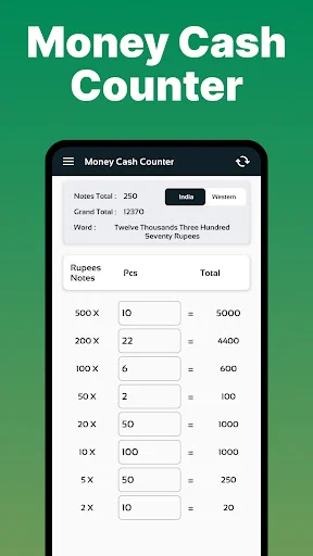 Money Cash Counter app for Indian Rupees with denominations and piece count totals