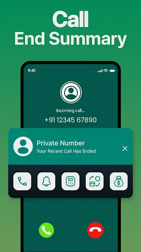 Incoming call screen with private number notification and call action buttons