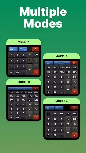 Citizen Calculator displaying four different mode interfaces with varied button layouts for different calculation needs
