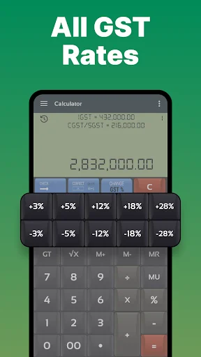 Calculator with GST tax rate buttons (+3%, +5%, +12%, +18%, +28%) for quick Indian tax percentage adjustments