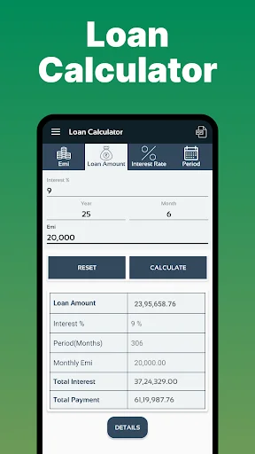Loan EMI Calculator with input fields for loan amount, interest rate, period, displaying monthly EMI and total interest
