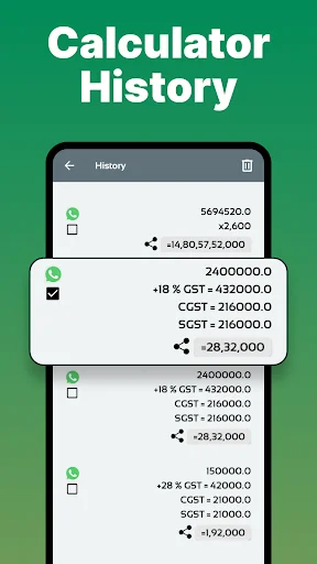 Calculator history panel showing previous calculations with GST tax breakdowns including CGST and SCST with share options