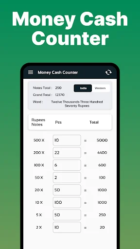 Money Cash Counter calculator for Indian Rupee denominations with quantity inputs and automatic total amount calculation