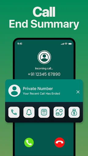 Call end summary screen showing recent call details with caller number, private number notification, and action icons