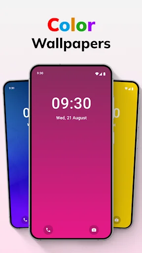 Pure Solid Color Wallpapers app main screen showing three smartphones with colorful gradient wallpapers in blue, pink, and yellow